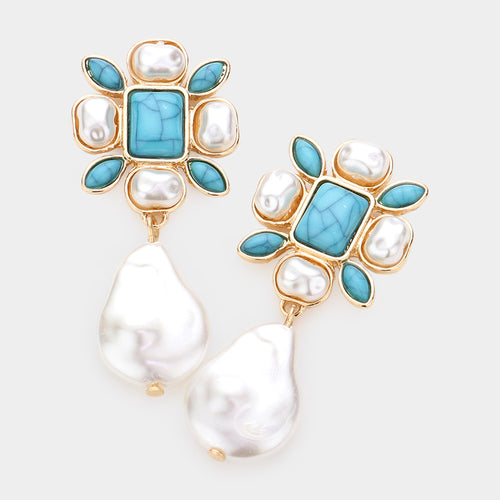 Floral Stone & Pearl Dangle Earrings